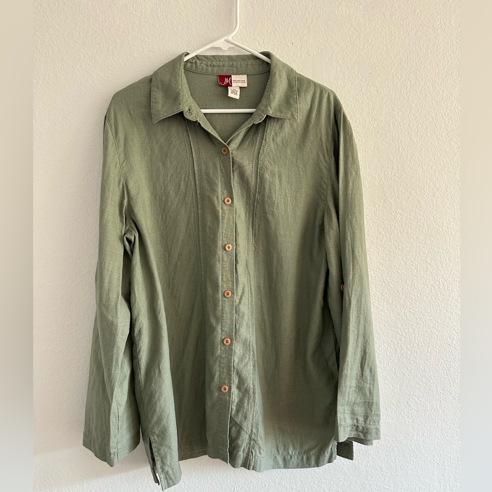 JM Collection Green Linen Long Sleeve Button Up Blouse Women Size 14